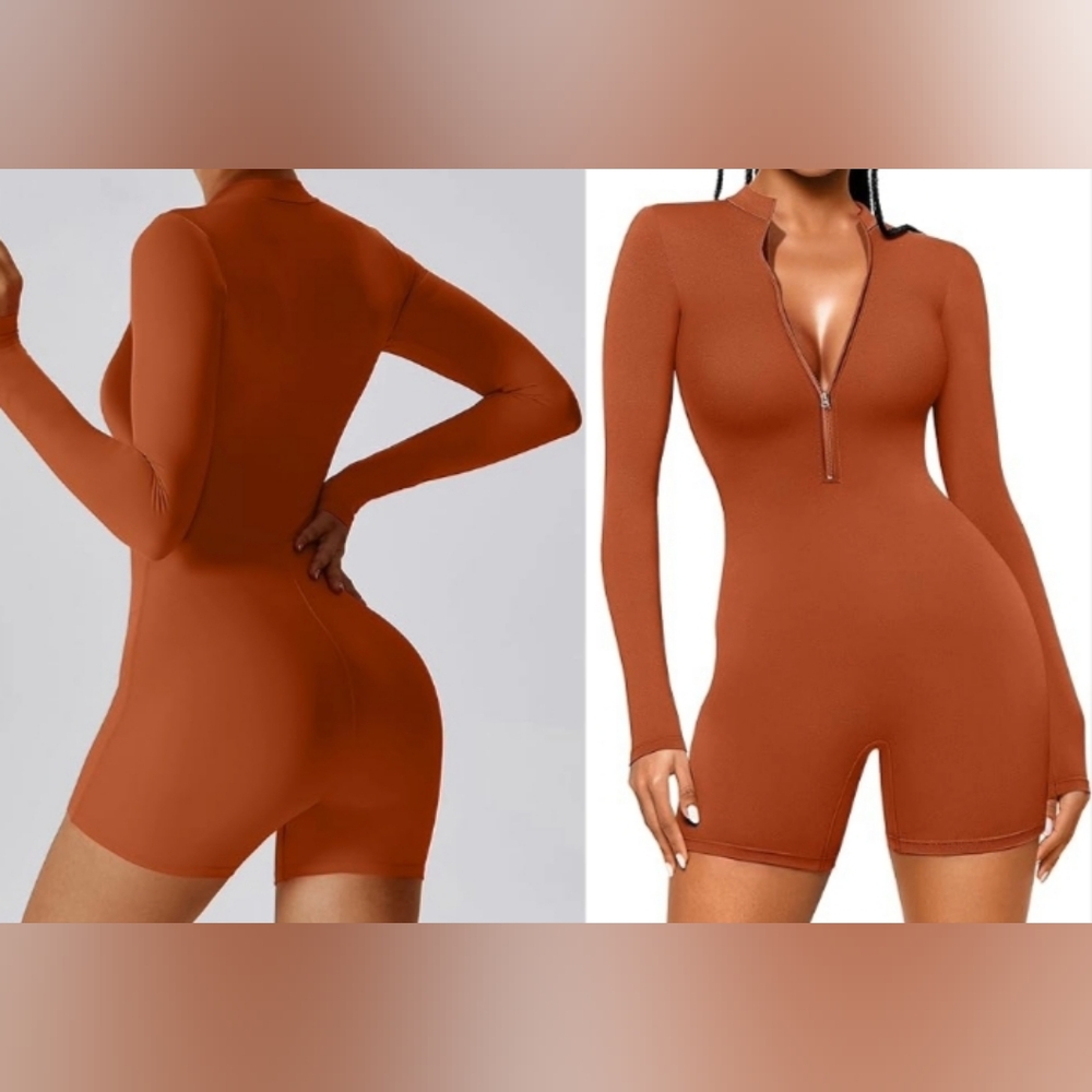 Zip-Front Long-Sleeve Rust Bodysuit Romper